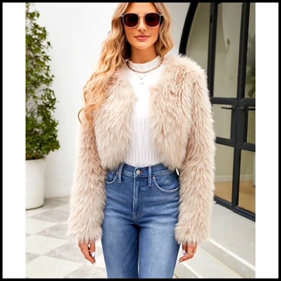 Cropped Faux Fur Jacket Long Sleeve Open Front Chic Winter Coat Y2K - Picture 7 of 7